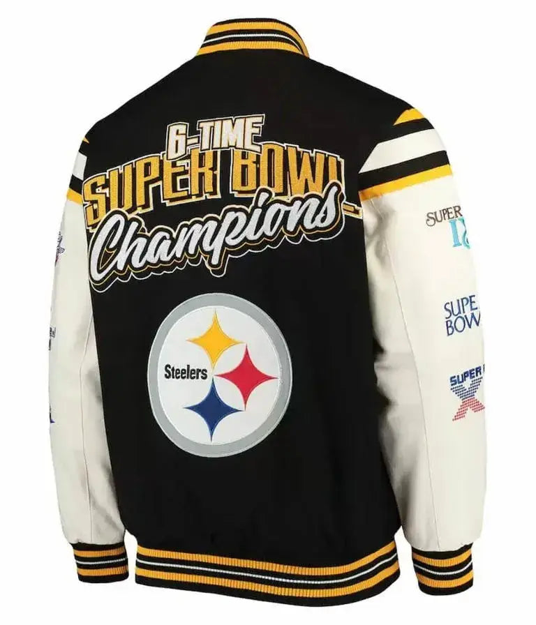Pittsburgh Steelers Super Bowl Champions Black Wool & White Genuine Leather Sleeves Men's Varsity Letterman Jacket