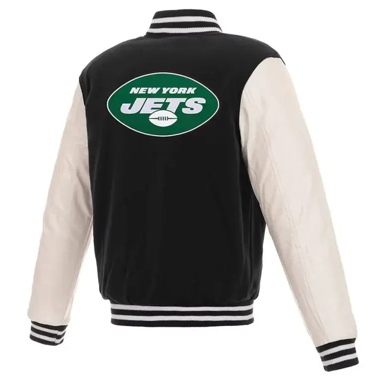New York Jets Two-Tone Black Wool & White Genuine Leather Sleeves Men's Varsity Letterman Jacket