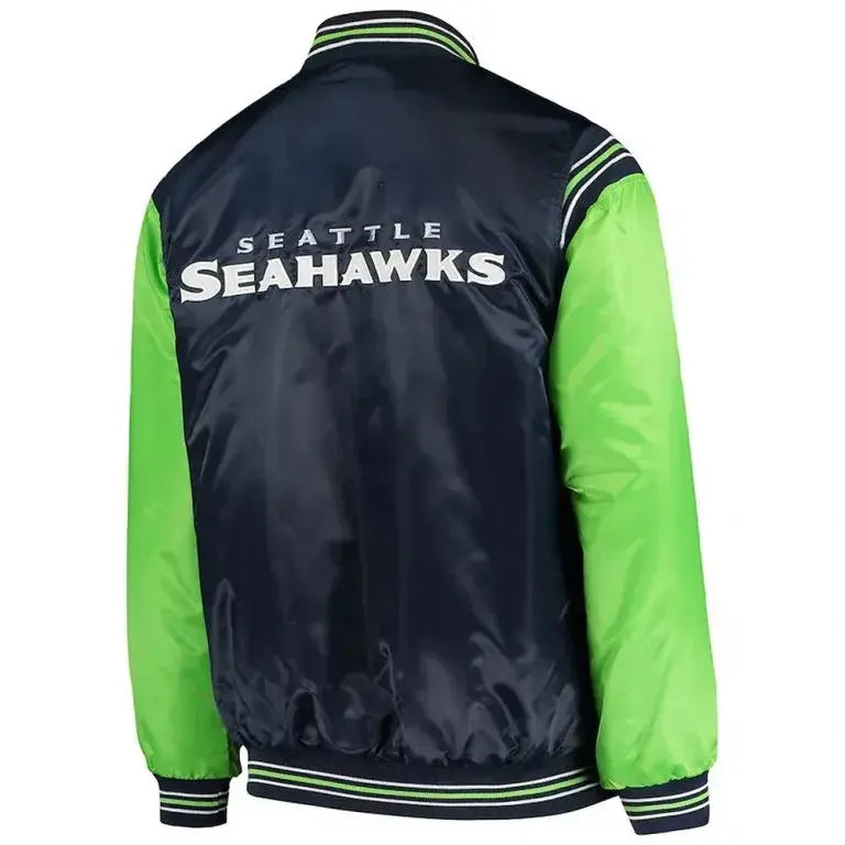 Seattle Seahawks Full-Snap Varsity White & Neon Green Satin Men's Bomber Jacket