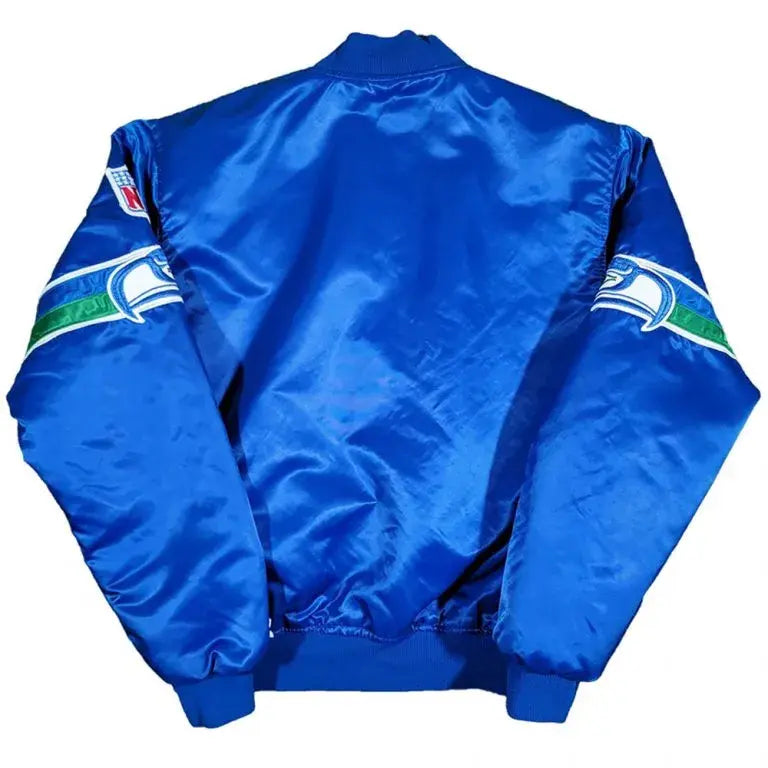 80s Seattle Seahawks Full-Snap Varsity Royal Blue Satin Men's Bomber Jacket
