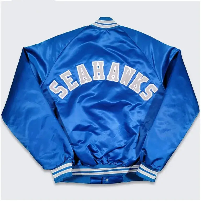 80s Seattle Seahawks Full-Snap Varsity Royal Blue Satin Men's Bomber Jacket
