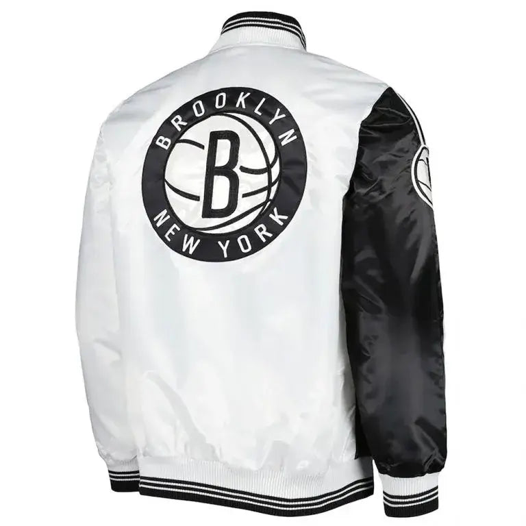 Brooklyn Nets Fast Break Full-Snap Varsity Black and White Satin Men's Bomber Jacket