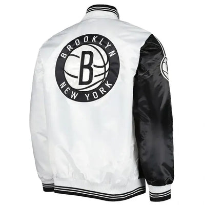 Brooklyn Nets Fast Break Full-Snap Varsity Black and White Satin Men's Bomber Jacket