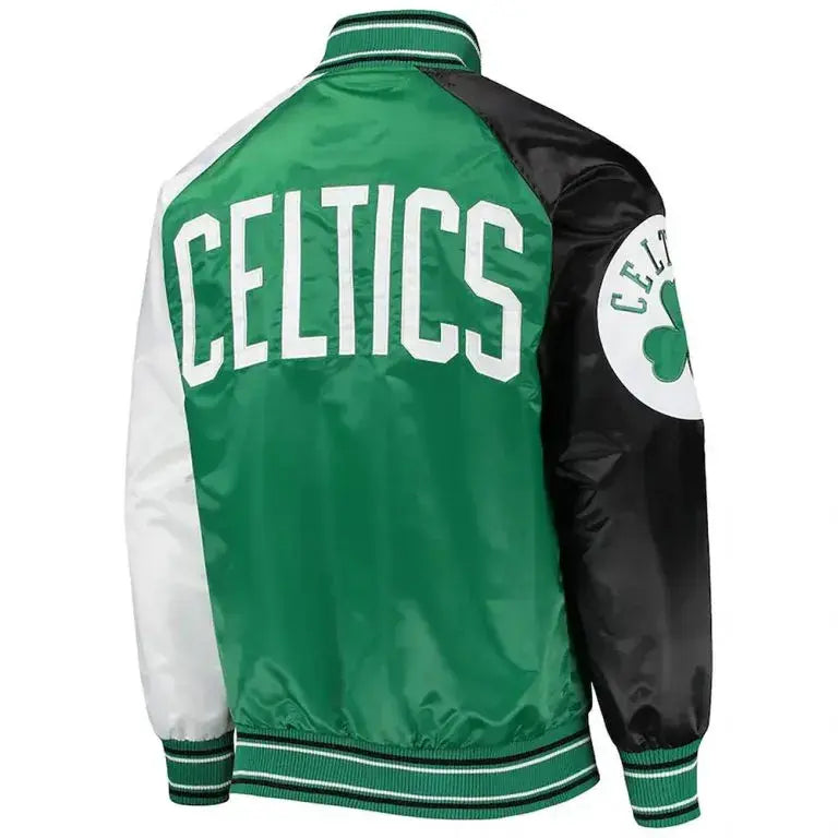 Boston Celtics Reliever Full-Snap Varsity Kelly Green/Black Satin Men's Bomber Jacket