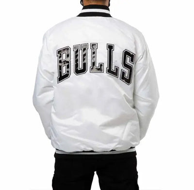 Chicago Bulls Full-Snap Varsity White Satin Men's Bomber Jacket