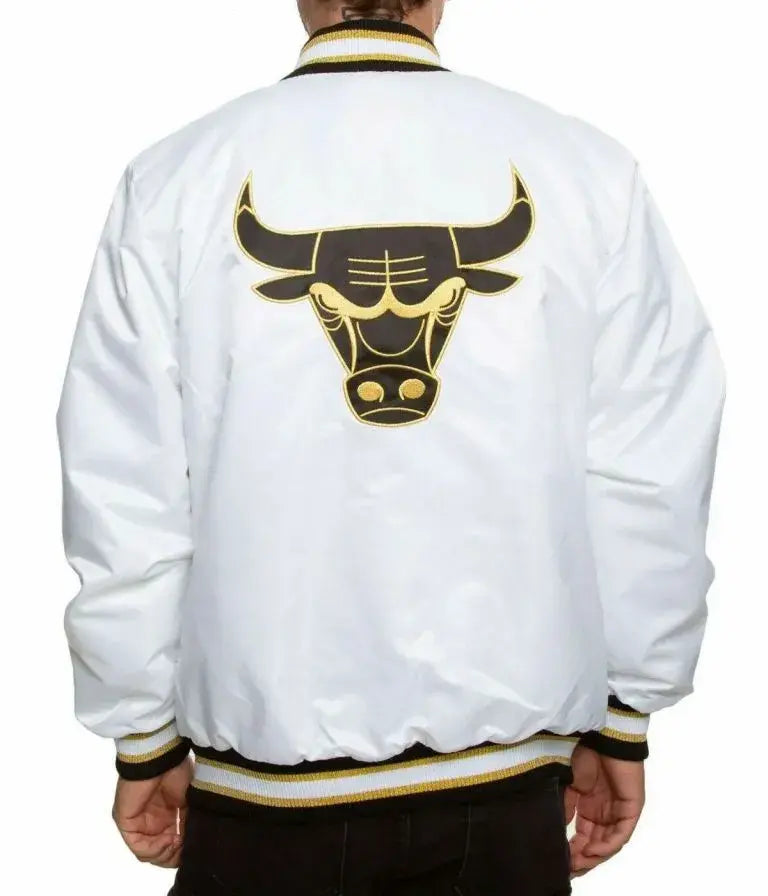 Chicago Bulls Full-Snap Varsity White Satin Men's Bomber Jacket