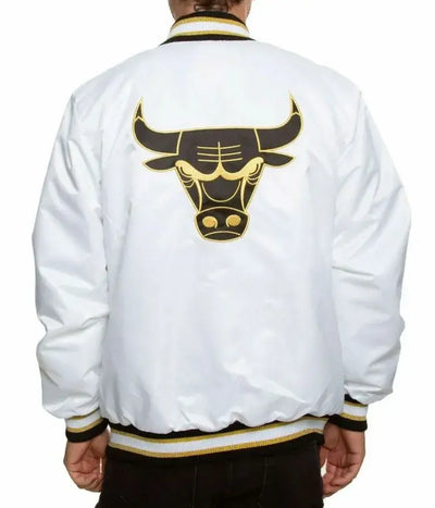 Chicago Bulls Full-Snap Varsity White Satin Men's Bomber Jacket