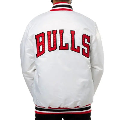 Chicago Bulls Full-Snap Varsity White Satin Men's Bomber Jacket