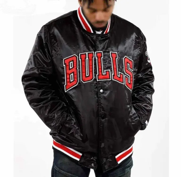 Chicago Bulls Full-Snap Varsity Black Satin Men's Bomber Jacket
