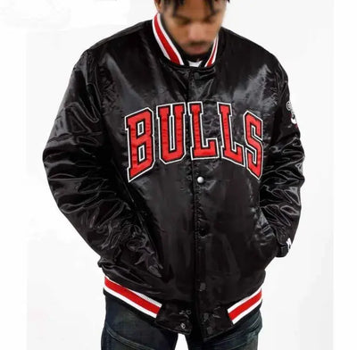 Chicago Bulls Full-Snap Varsity Black Satin Men's Bomber Jacket