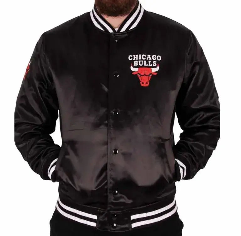 Chicago Bulls Full-Snap Varsity Black Satin Men's Bomber Jacket