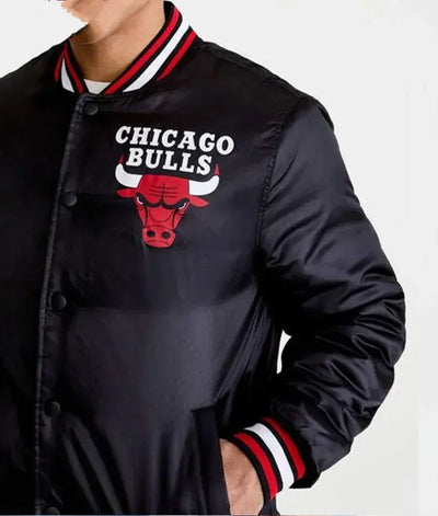 Chicago Bulls Full-Snap Varsity Black Satin Men's Bomber Jacket