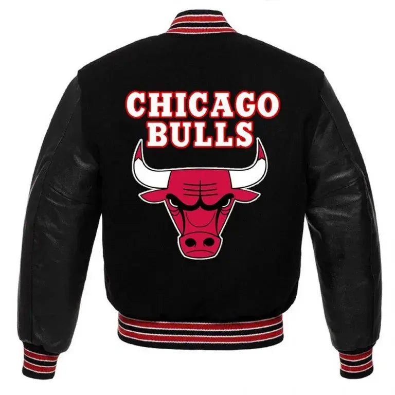 Chicago Bulls College Black Wool & Genuine Leather Sleeves Men's Varsity Letterman Jacket