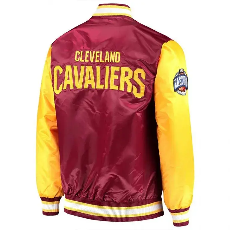 Cleveland Cavaliers Leader Full-Snap Varsity Burgundy and Yellow Satin Men's Bomber Jacket