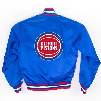 90’s NBA Detroit Pistons Full-Snap Varsity Blue Satin Men's Bomber Jacket