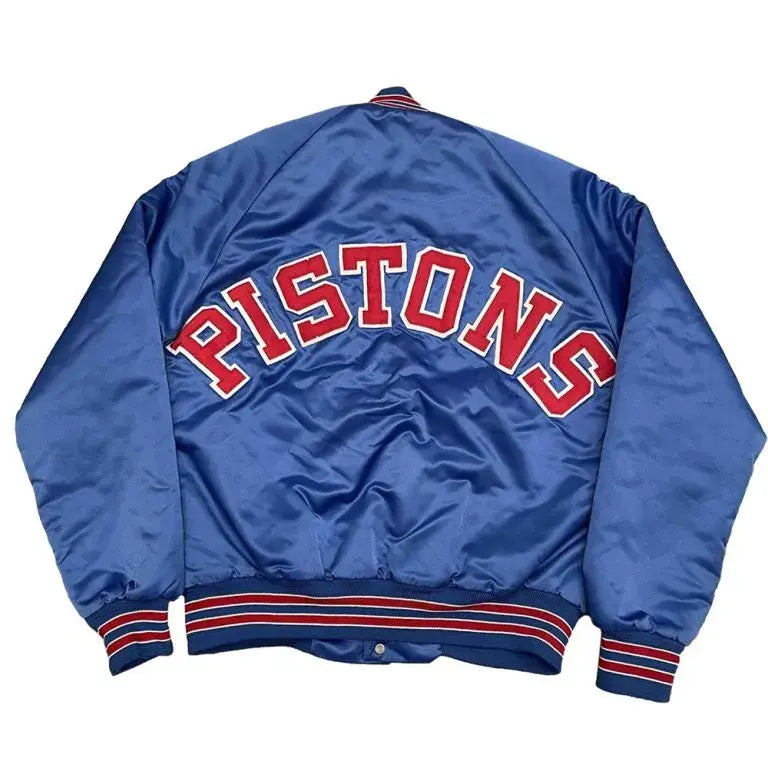 90’s NBA Detroit Pistons Full-Snap Varsity Blue Satin Men's Bomber Jacket