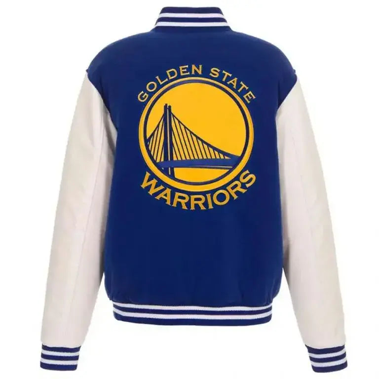 Golden State Warriors Domestic Varsity Blue Wool & White Genuine Leather Sleeves Men's Bomber Jacket