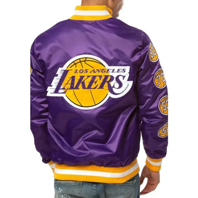 Los Angeles Lakers Champs 17 Patches Full-Snap Varsity Purple Satin Men's Bomber Jacket