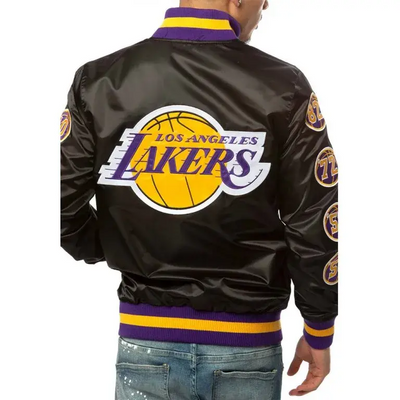 Los Angeles Lakers Champs 17 Patches Full-Snap Varsity Black Satin Men's Bomber Jacket