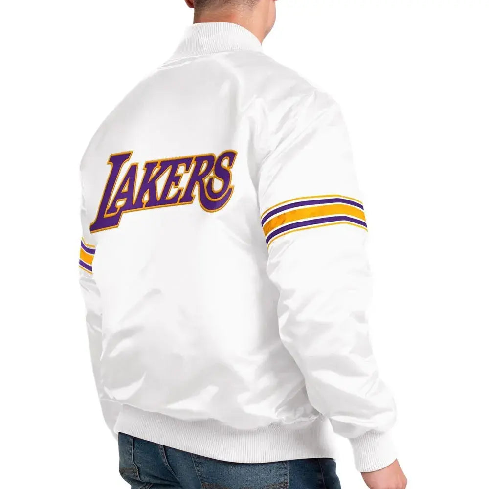 Los Angeles Lakers Forward Power Full-Snap Varsity White Satin Men's Bomber Jacket