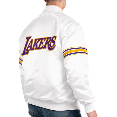 Los Angeles Lakers Forward Power Full-Snap Varsity White Satin Men's Bomber Jacket