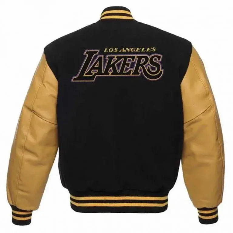 Los Angeles Lakers Varsity Black Wool & Gold Genuine Leather Sleeves Men's Bomber Jacket
