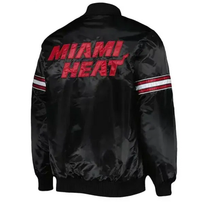 Miami Heat Pick & Roll Full-Snap Varsity Black Satin Men's Bomber Jacket