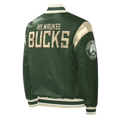Milwaukee Bucks Force Play Full-Snap Varsity Green Satin Men's Bomber Jacket