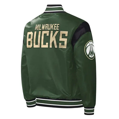 Milwaukee Bucks Force Play Full-Snap Varsity Green Satin Men's Bomber Jacket