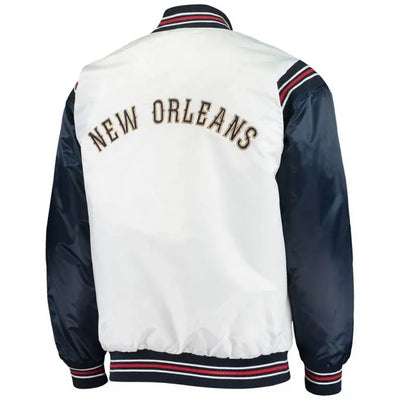New Orleans Pelicans Full-Snap Varsity White and Navy Blue Satin Men's Bomber Jacket