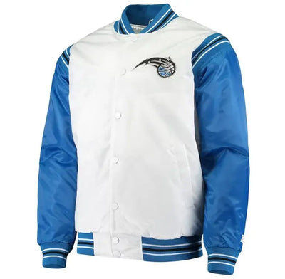 Orlando Magic Renegade Full-Snap Varsity White and Blue Satin Men's Bomber Jacket