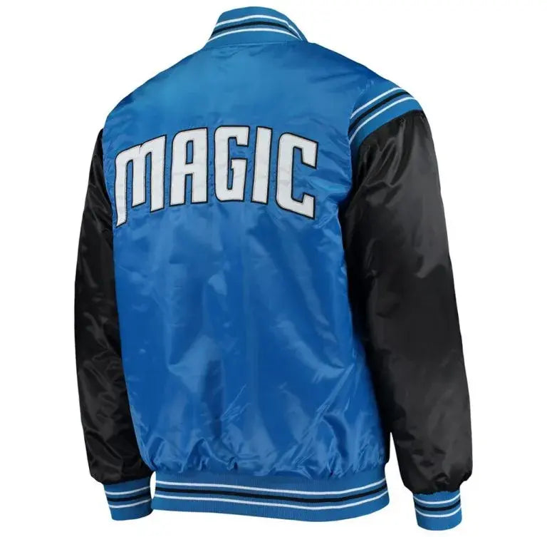 Orlando Magic Renegade Full-Snap Varsity Black and Blue Satin Men's Bomber Jacket