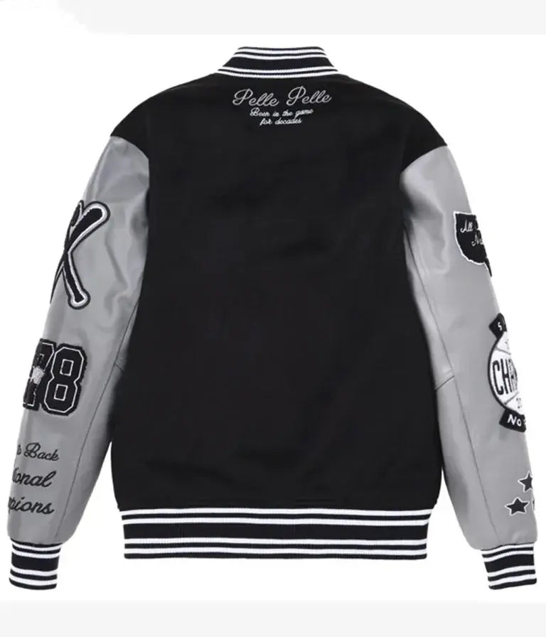 Pelle Pelle World Famous Varsity Full-Snap black Wool & Gray Genuine Leather Sleeves Men's Jacket