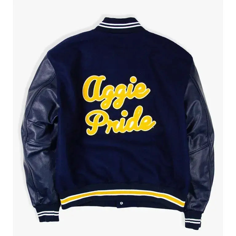 HBCU North Carolina A&T Aggie Pride Navy Blue Wool & Genuine Leather Sleeves Men's Letterman Varsity Jacket