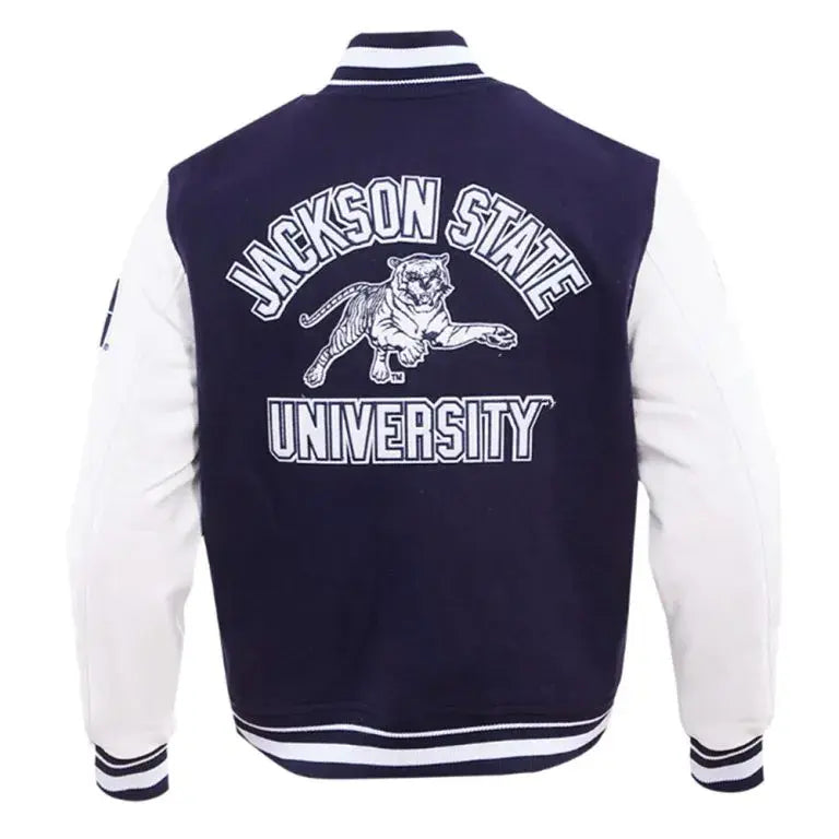 Jackson State University Navy Blue Wool & Gold Genuine Leather Sleeves Men's Letterman Jacket