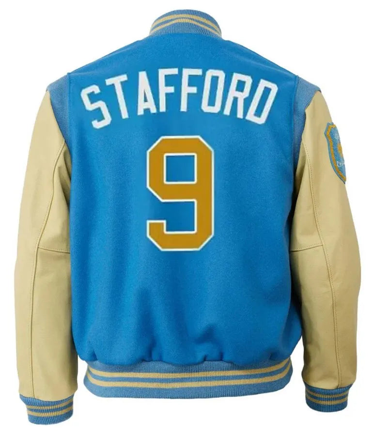 Detroit Lions Matthew Stafford 9 Blue Wool & Beige Genuine Leather Sleeves Men's Varsity Jacket
