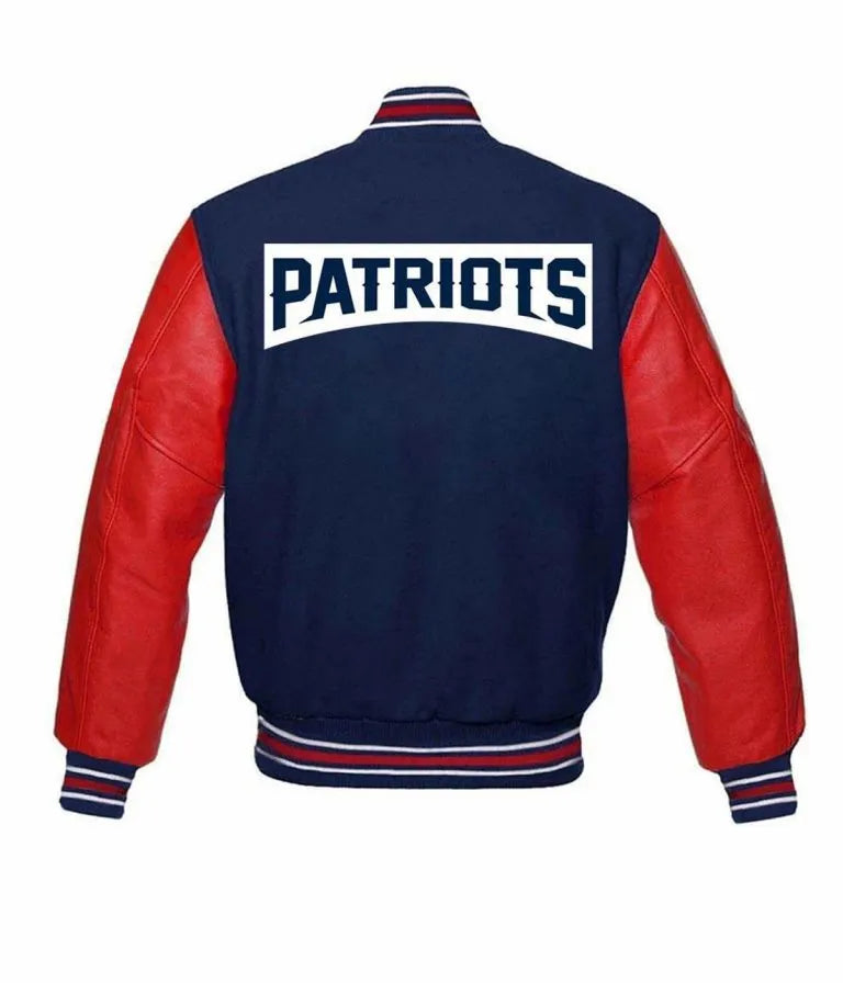 New England Patriots NFL Blue Wool and Red Genuine Leather Sleeves Men's Varsity Letterman Jacket