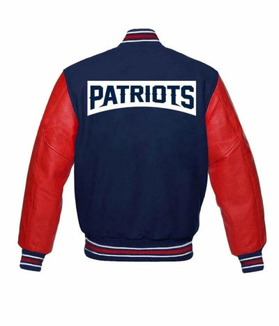 New England Patriots NFL Blue Wool and Red Genuine Leather Sleeves Men's Varsity Letterman Jacket
