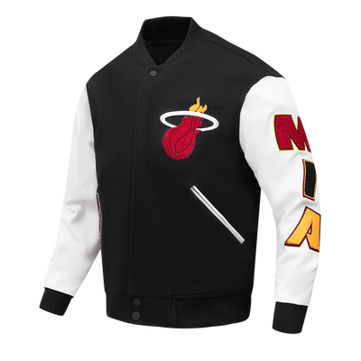 Miami Heat Mashup Logo Varsity Black Wool & White Genuine Leather Sleeves Men's Jacket