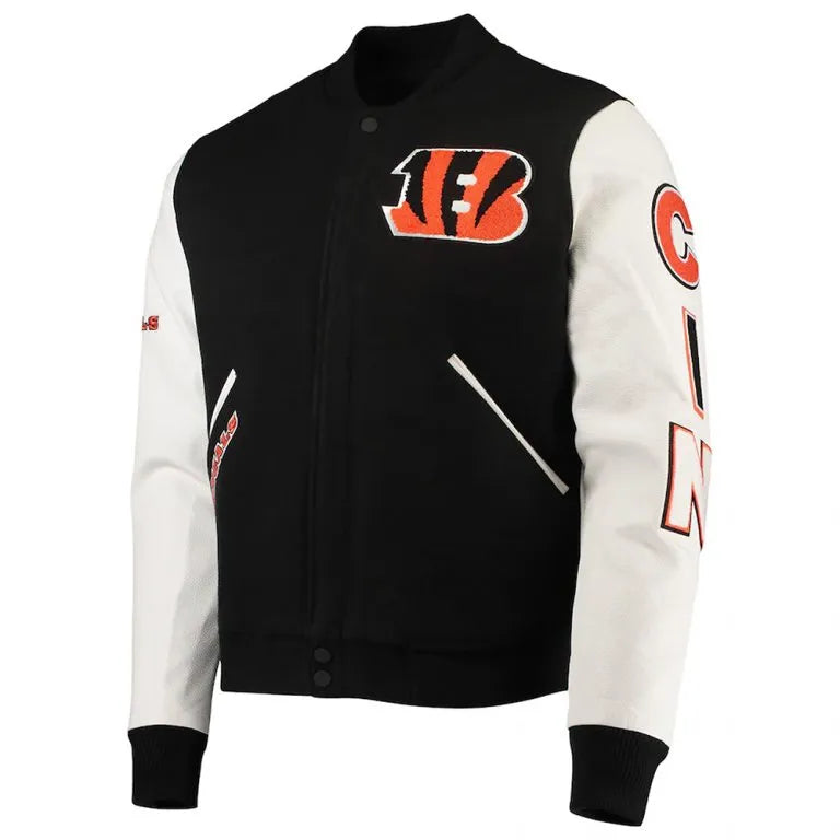 Cincinnati Bengals Black Wool & White Genuine Leather Sleeves Men's Varsity Jacket