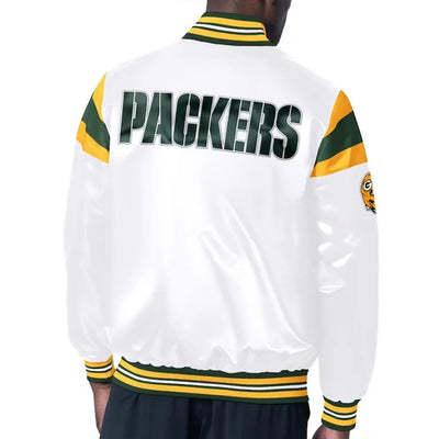 Green Bay Packers Midweight Full-Snap Varsity White Satin Men's Bomber Jacket