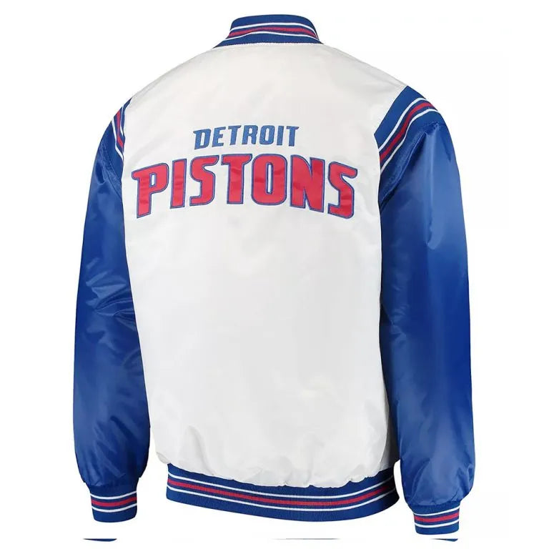 Detroit Pistons Renegade Full-Snap Varsity White/Blue Satin Men's Bomber Jacket