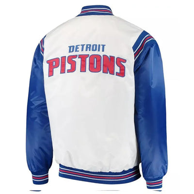 Detroit Pistons Renegade Full-Snap Varsity White/Blue Satin Men's Bomber Jacket