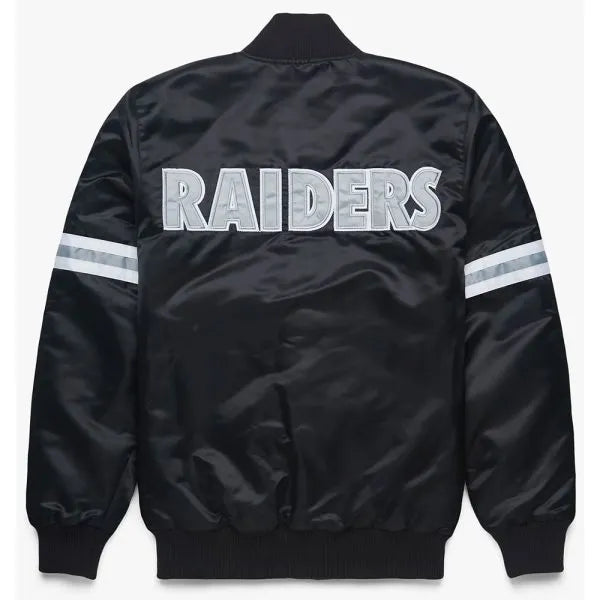 Los Angeles Raiders Striped Full-Snap Varsity Black Satin Men's Bomber Jacket