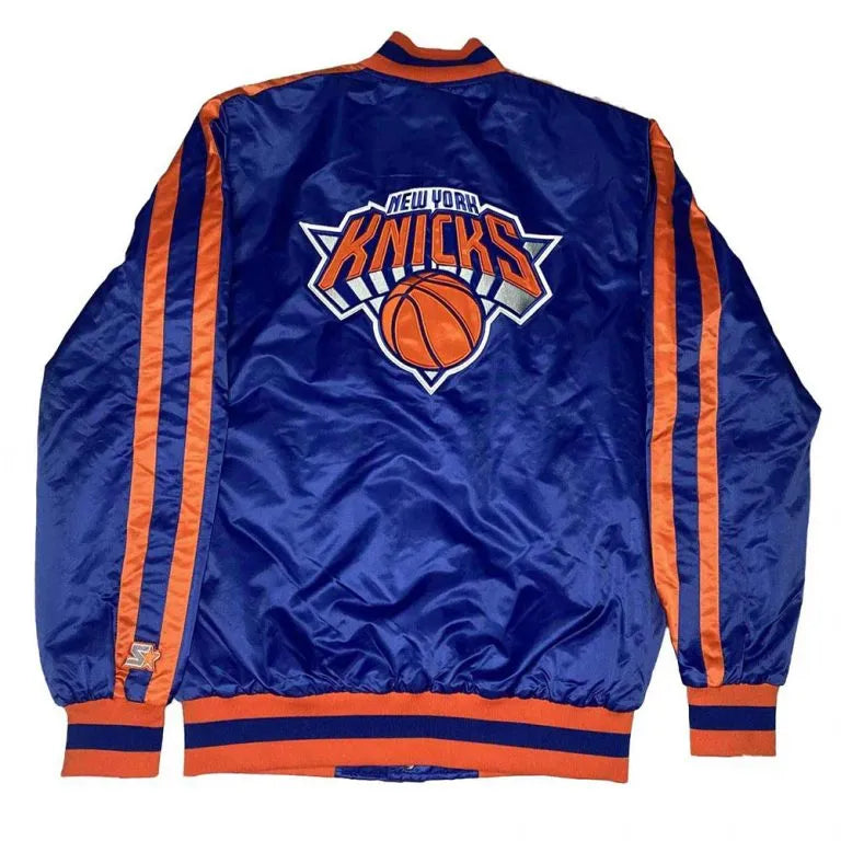 New York Knick Striped Full-Snap Varsity Blue Satin Men's Bomber Jacket