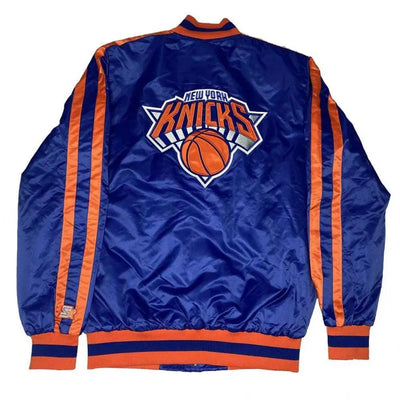 New York Knick Striped Full-Snap Varsity Blue Satin Men's Bomber Jacket