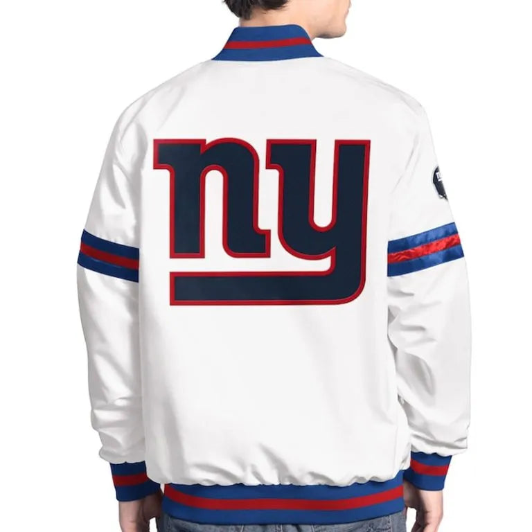 New York Giants Scout Full-Snap Varsity White Satin Men's Bomber Jacket