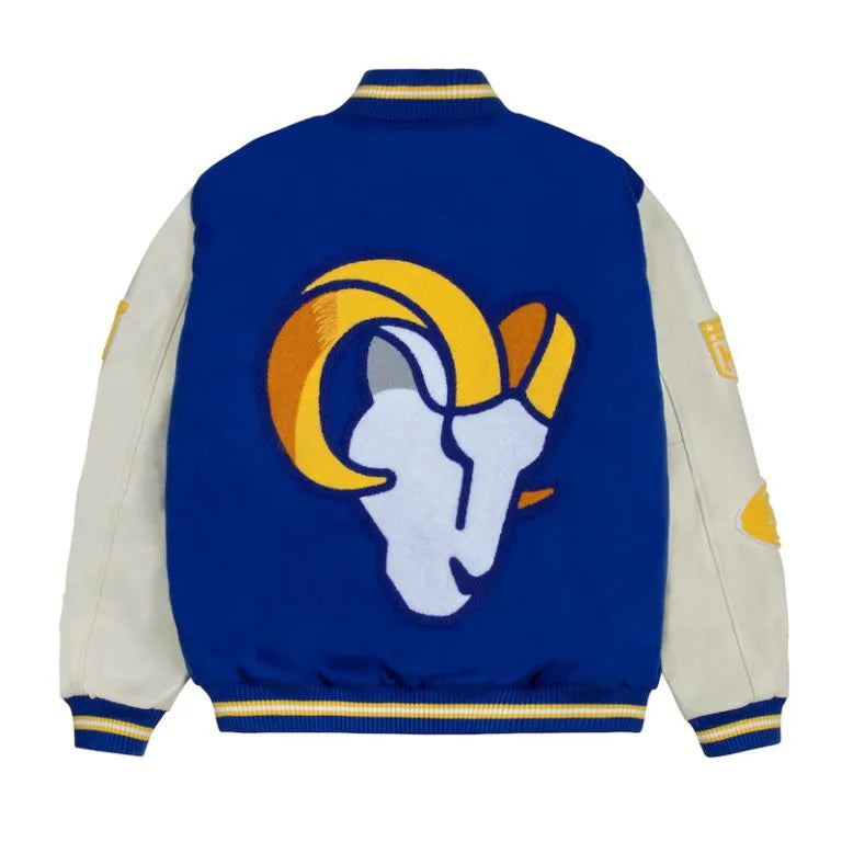 Los Angeles Rams Royal Blue Wool and White Genuine Leather Sleeves Men's Varsity Letterman Jacket