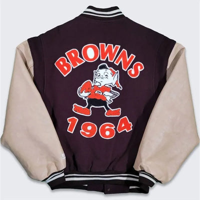 1964 Cleveland Browns Brown Wool & Beige Genuine Leather Sleeves Full-Snap Men's Varsity Jacket