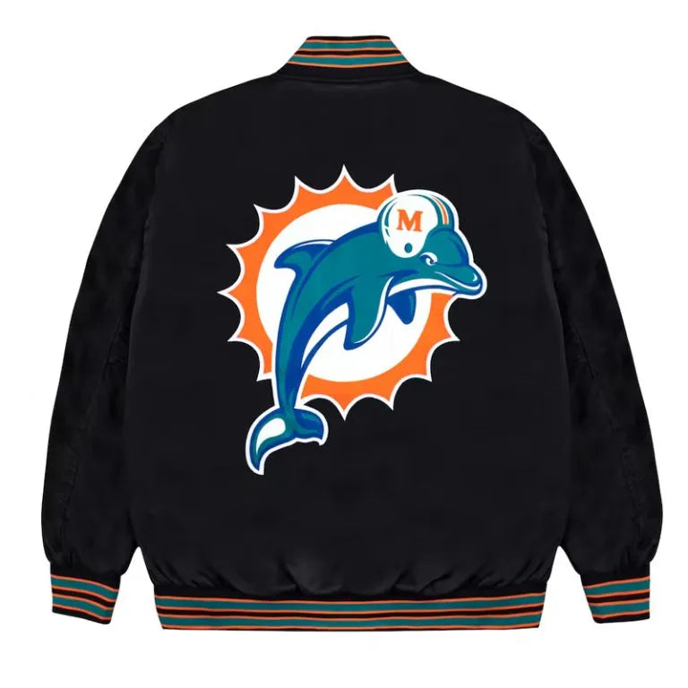 Miami Dolphins Full-Snap Varsity Black Satin Men's Bomber Jacket